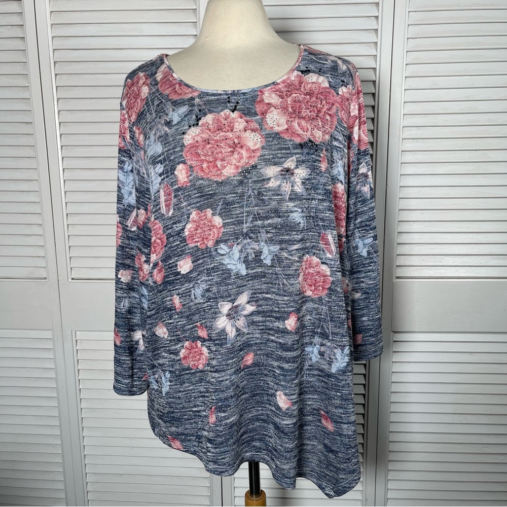 Allison Daley 1X Floral‎ Embellished Blouse Lightweight Sweater KnitV-Hem